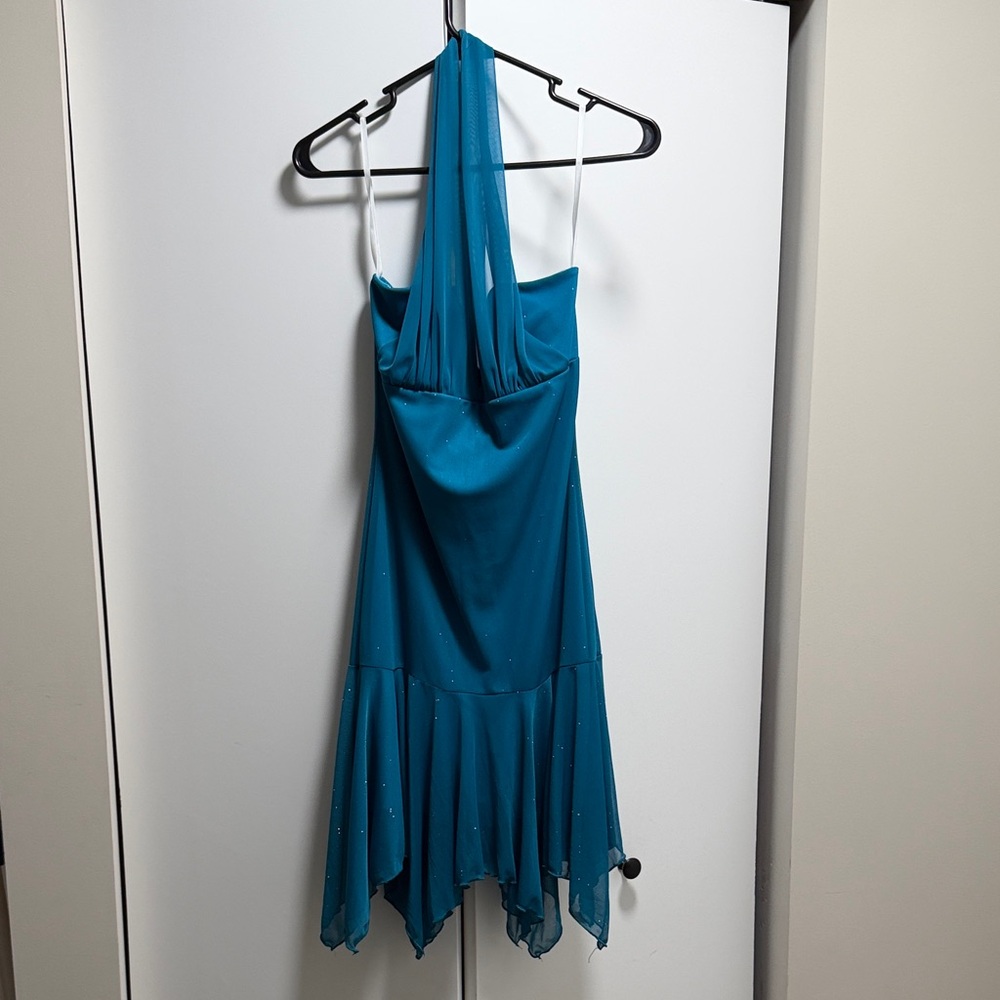 Taboo Asymmetrical Teal Halter Dress